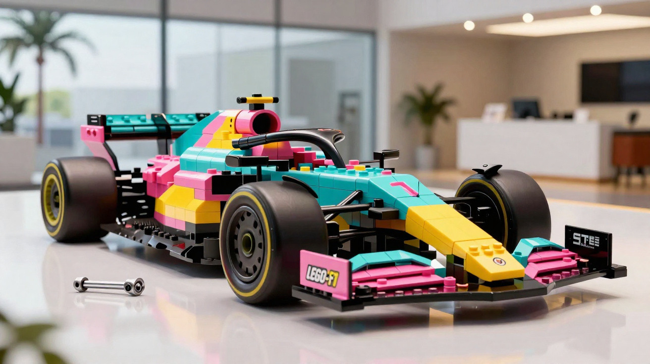 Carro de Fórmula 1 feito com blocos de montar coloridos exposto em mesa dentro de ambiente moderno.