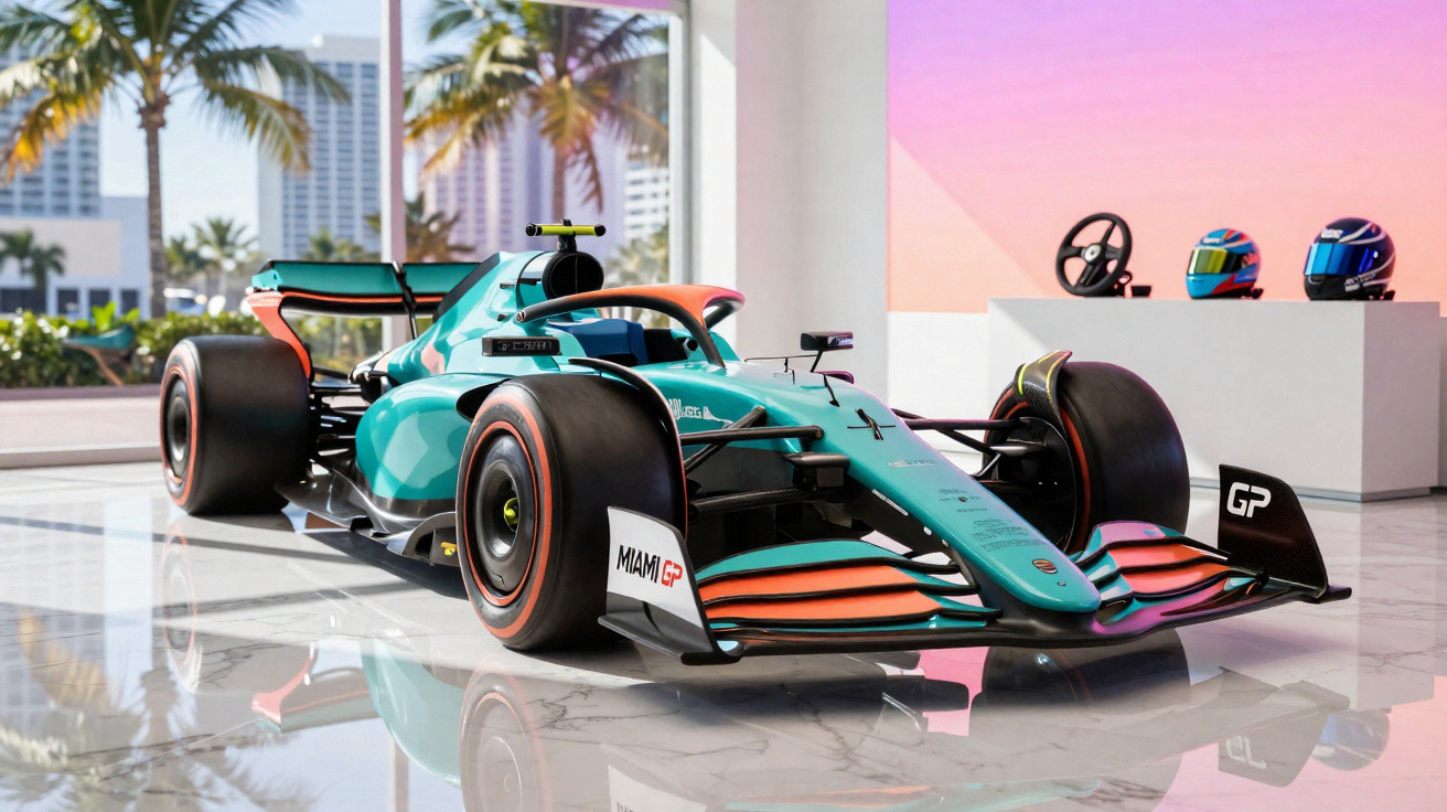 Carro de Fórmula 1 verde e laranja em exposição com capacetes e volantes ao fundo, sob luz natural.