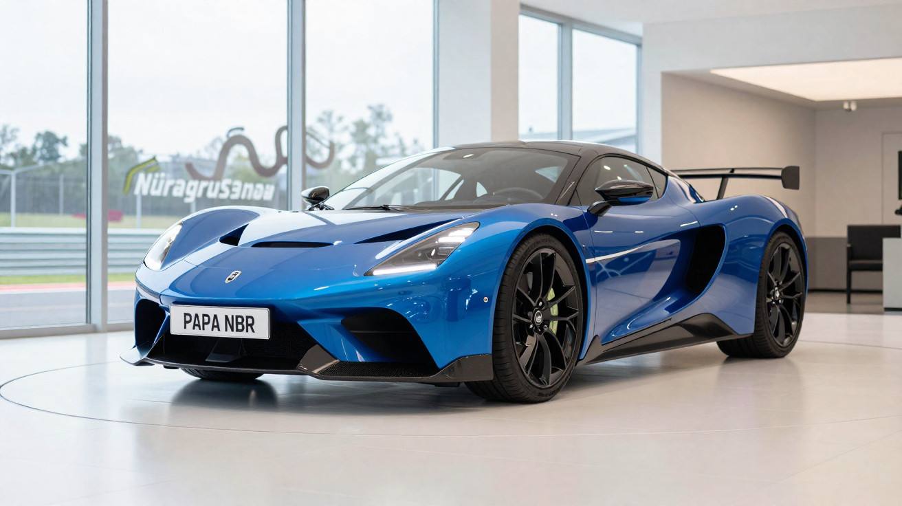 Carro esportivo azul com aerofólio traseiro em exibição dentro de showroom moderno.
