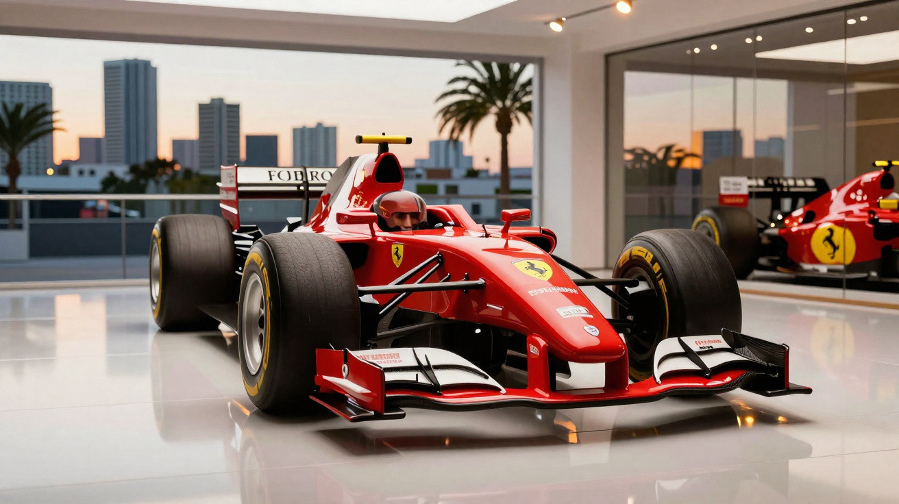 Carro de Fórmula 1 vermelho da Ferrari em exposição interna com reflexo no chão e vidro ao fundo.