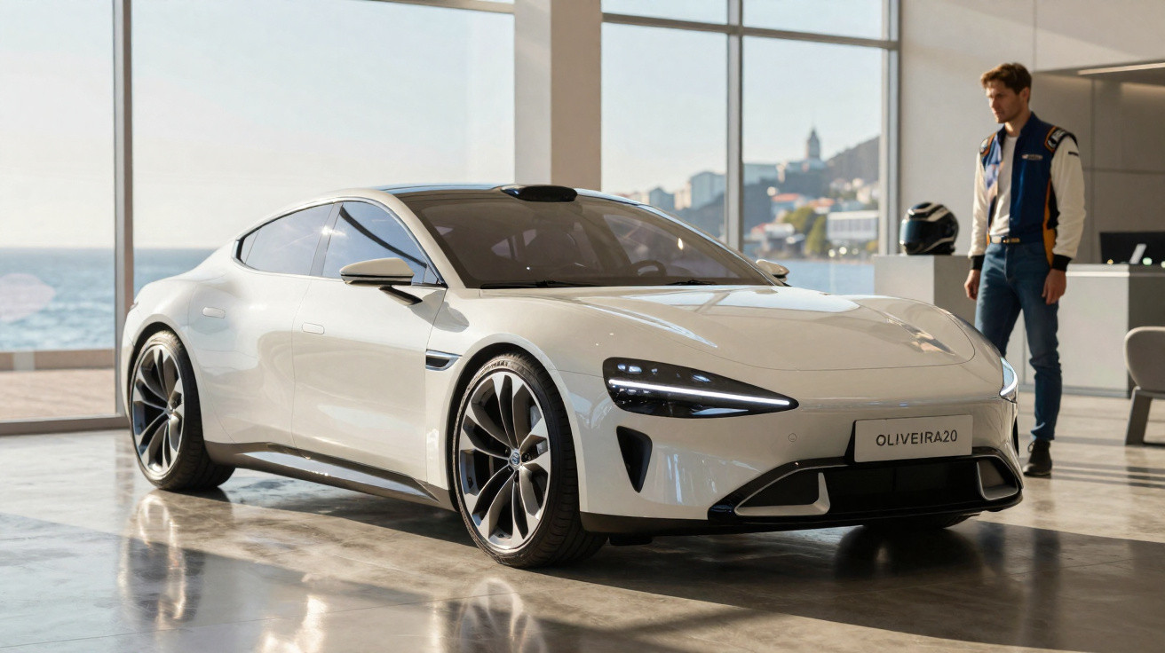 Carro esportivo branco com design moderno em showroom, homem ao fundo e vista para o mar.