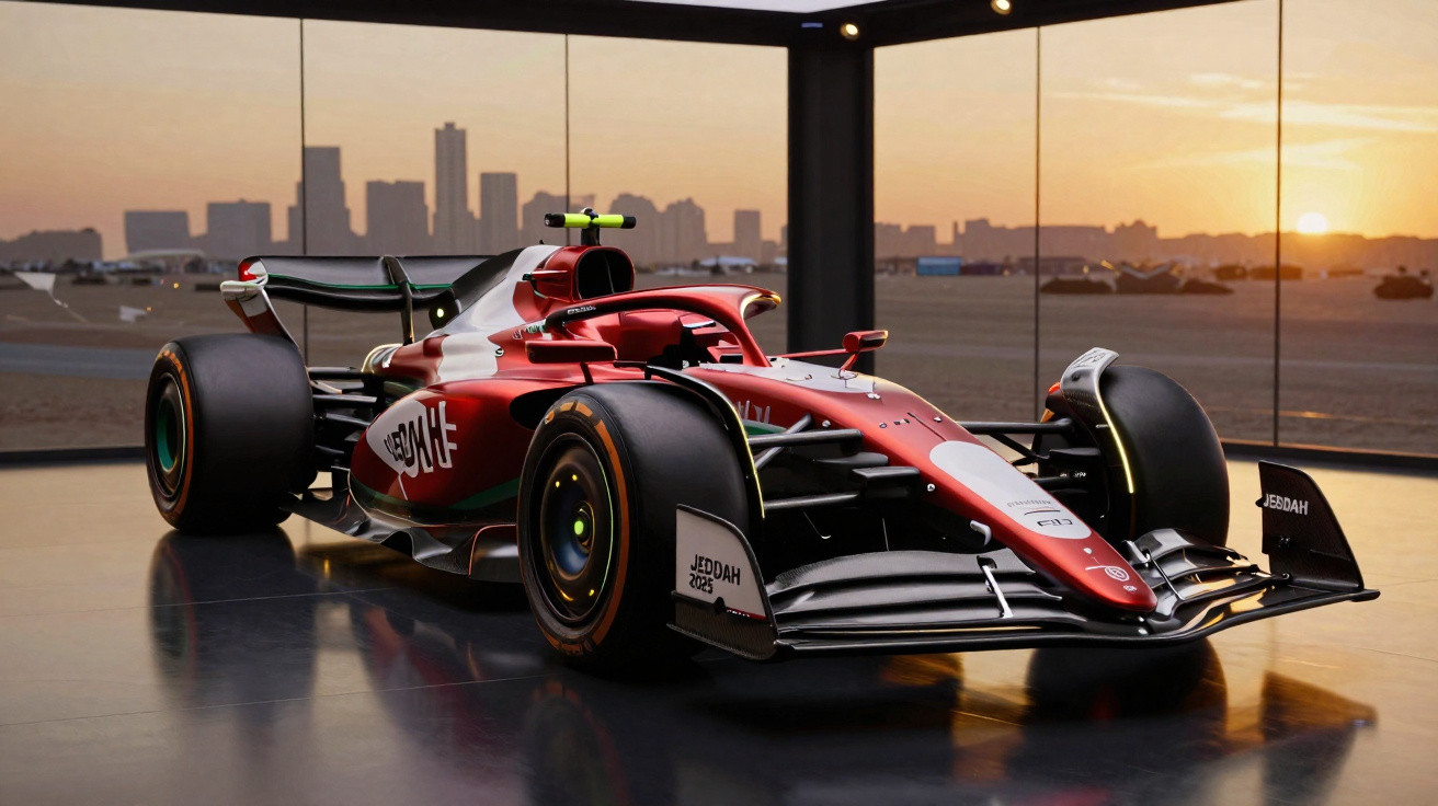 Carro de Fórmula 1 vermelho e branco exibido em ambiente interno com vista de cidade ao pôr do sol.