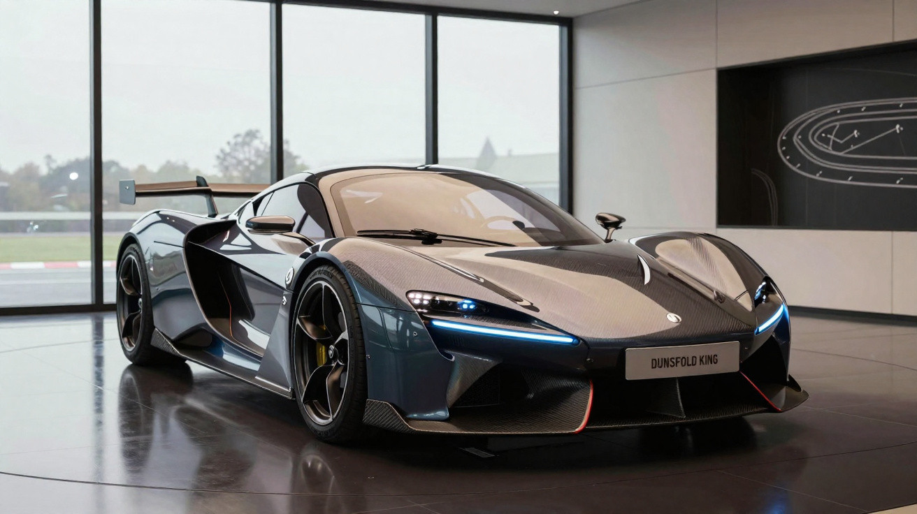 Carro esportivo Dunsfold King cinza com detalhes aerodinâmicos e faróis acesos em showroom moderno.