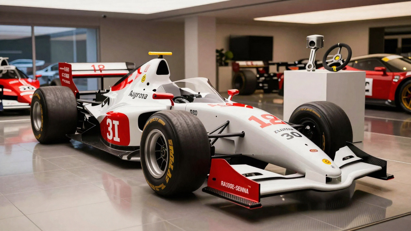 Carro de Fórmula 1 branco e vermelho RA100E-Senna exposto em museu com volante e pistão ao lado.