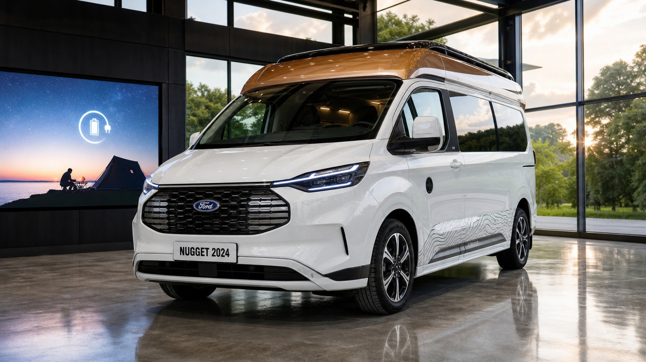 Van Ford Nugget 2024 branca com teto rebatível marrom exibida em showroom moderno.