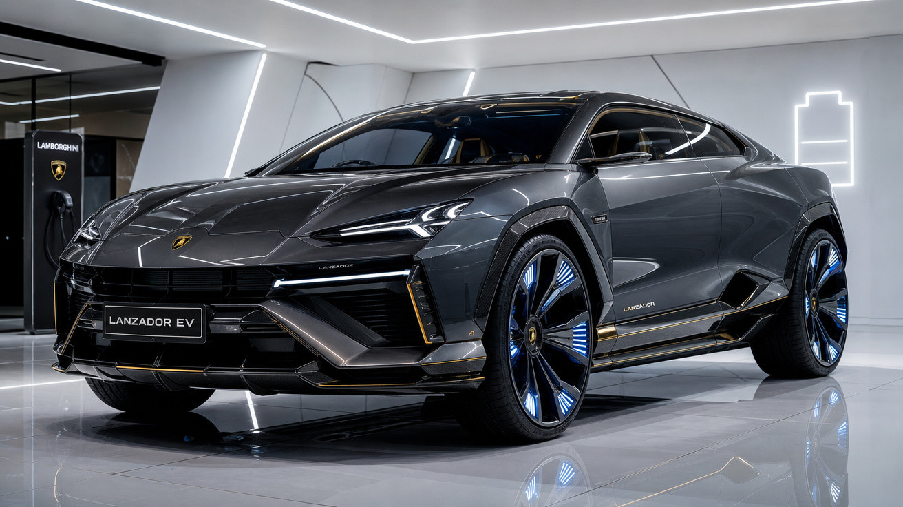 Carro elétrico Lamborghini Lanzador EV cinza em showroom moderno com luzes de LED.