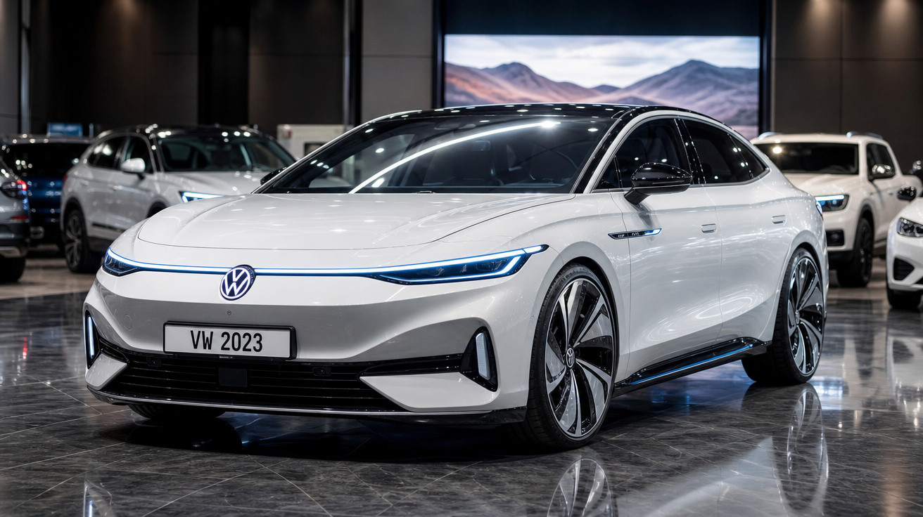 Carro elétrico Volkswagen branco, modelo 2023, exibido em salão com iluminação ambiente.