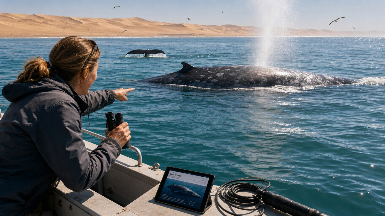Pessoa em barco observa e aponta para uma baleia cinza nadando próximo à superfície do mar.