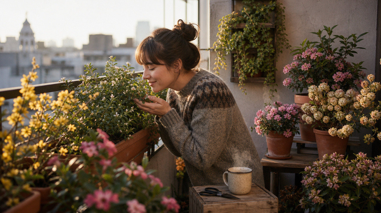 Mulher cheirando flores em um vaso na varanda decorada com várias plantas durante o dia.