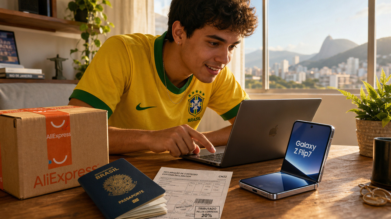 Jovem com camisa da seleção brasileira usando laptop e celular dobrável em mesa com passaporte, caixa AliExpress e documentos