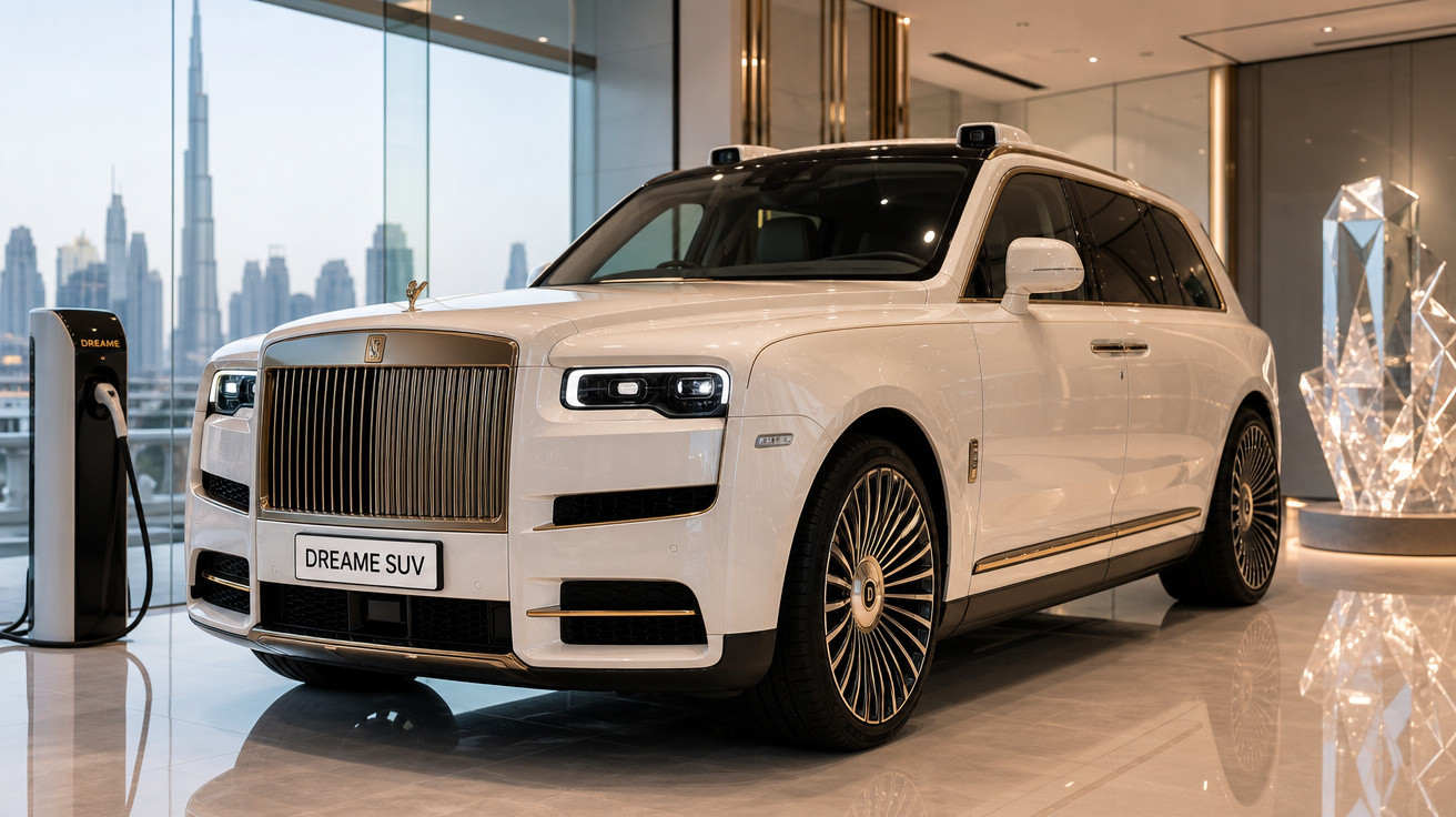 SUV elétrico branco Dreame em salão moderno com carregador e vista para arranha-céus ao fundo.