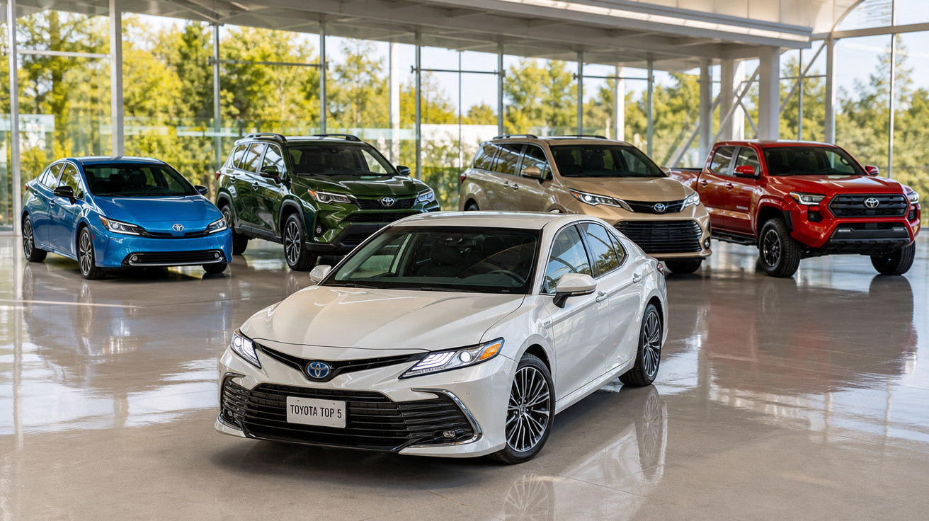 Cinco carros Toyota em diferentes cores expostos em salão com paredes de vidro e luz natural.