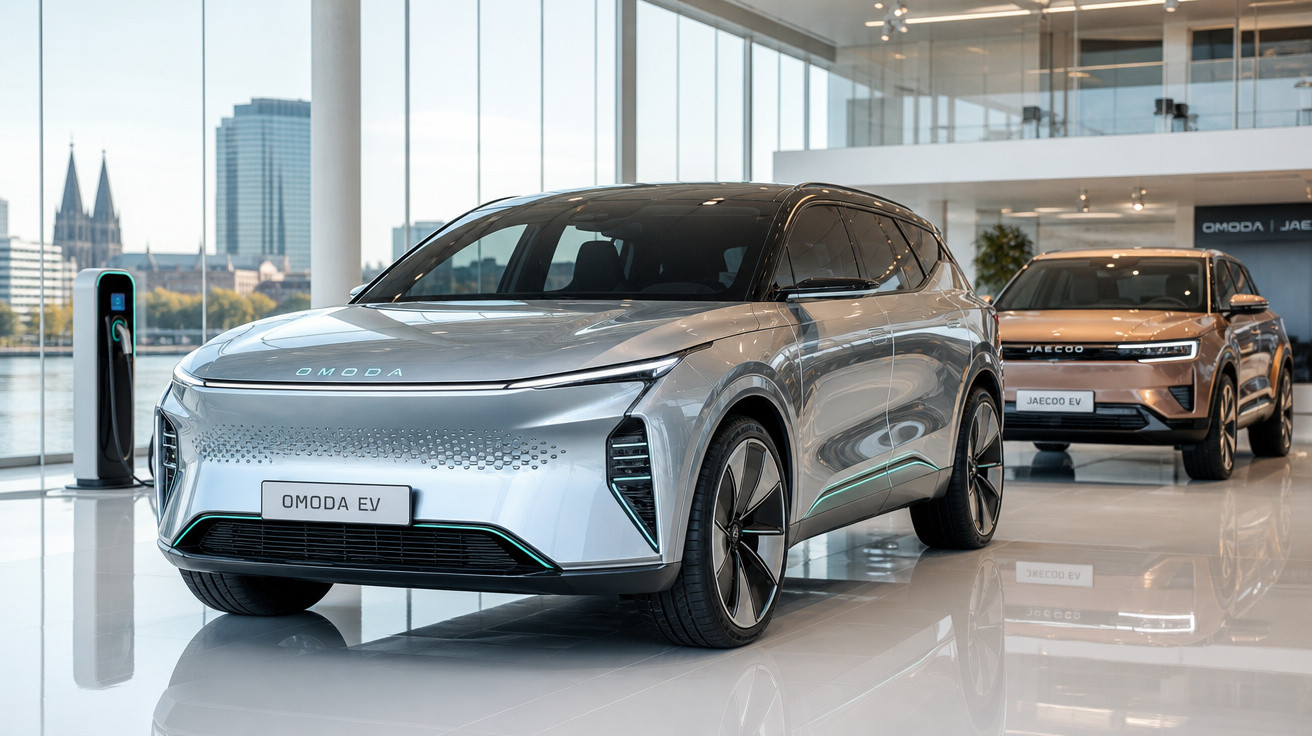 Dois carros elétricos modernos, Omoda EV prateado em destaque e Jaecoo EV marrom ao fundo, em showroom iluminado.