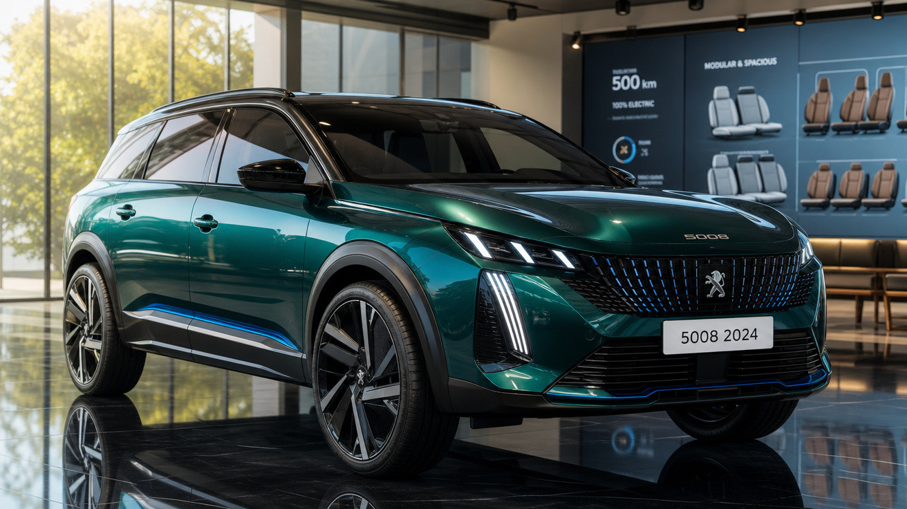 Carro SUV Peugeot 5008 2024 verde metálico exibido em showroom moderno com iluminação natural.