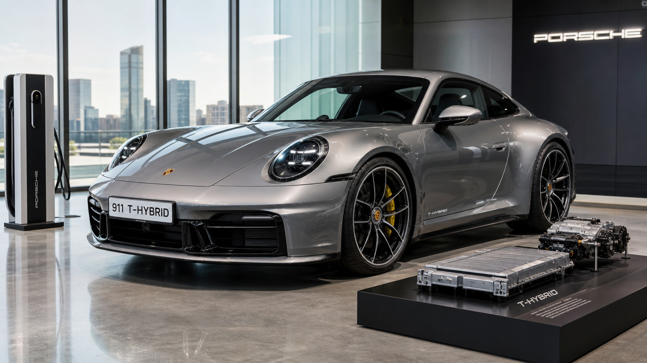 Carro esportivo Porsche 911 T-Hybrid prata em showroom com estação de carregamento ao lado.