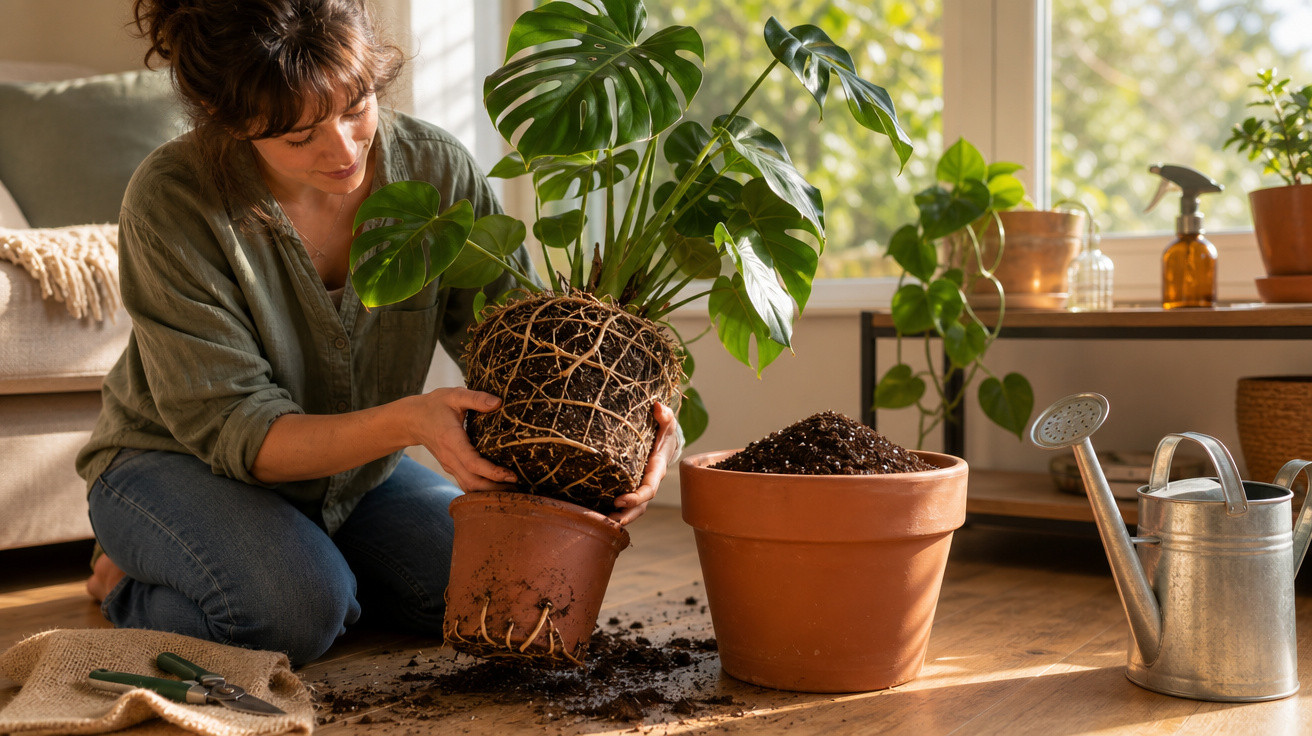 Mulher transplantando planta Monstera para vaso maior dentro de casa, em ambiente iluminado e aconchegante.
