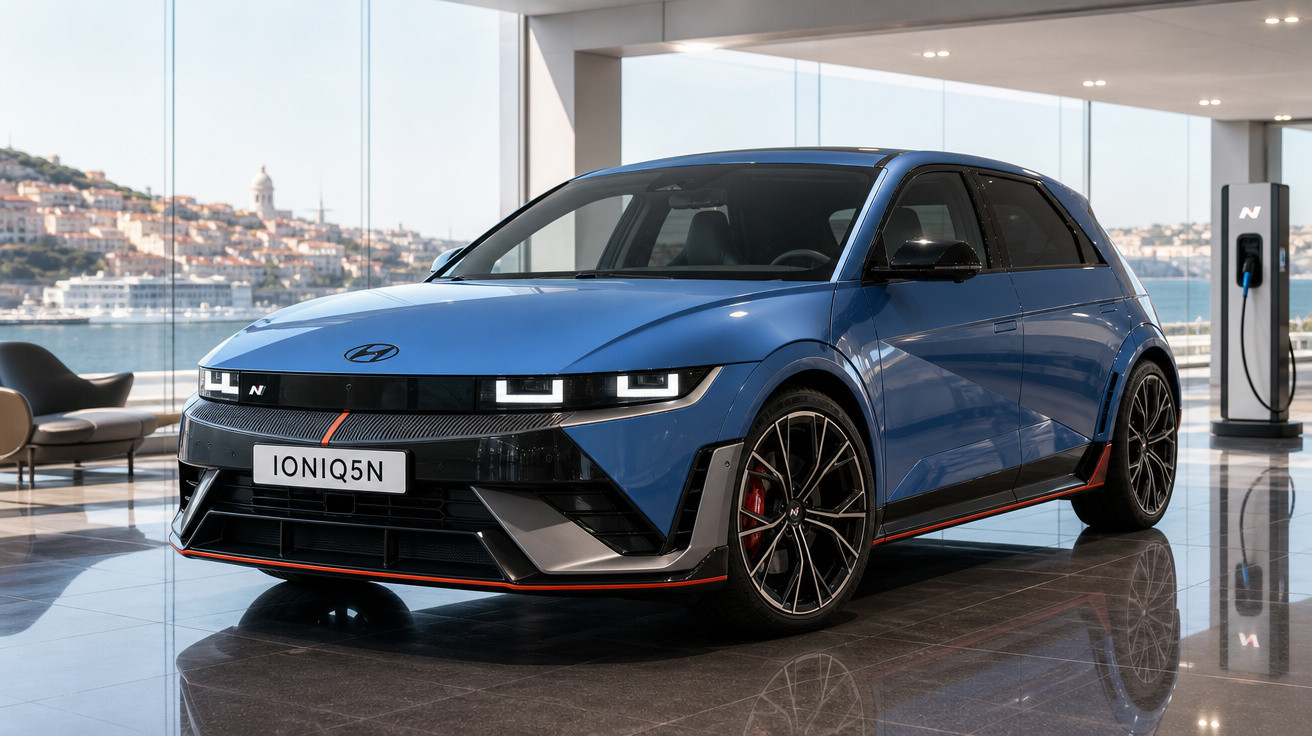 Carro elétrico Hyundai Ioniq 5N azul em exposição, com detalhes esportivos e recarga ao fundo.