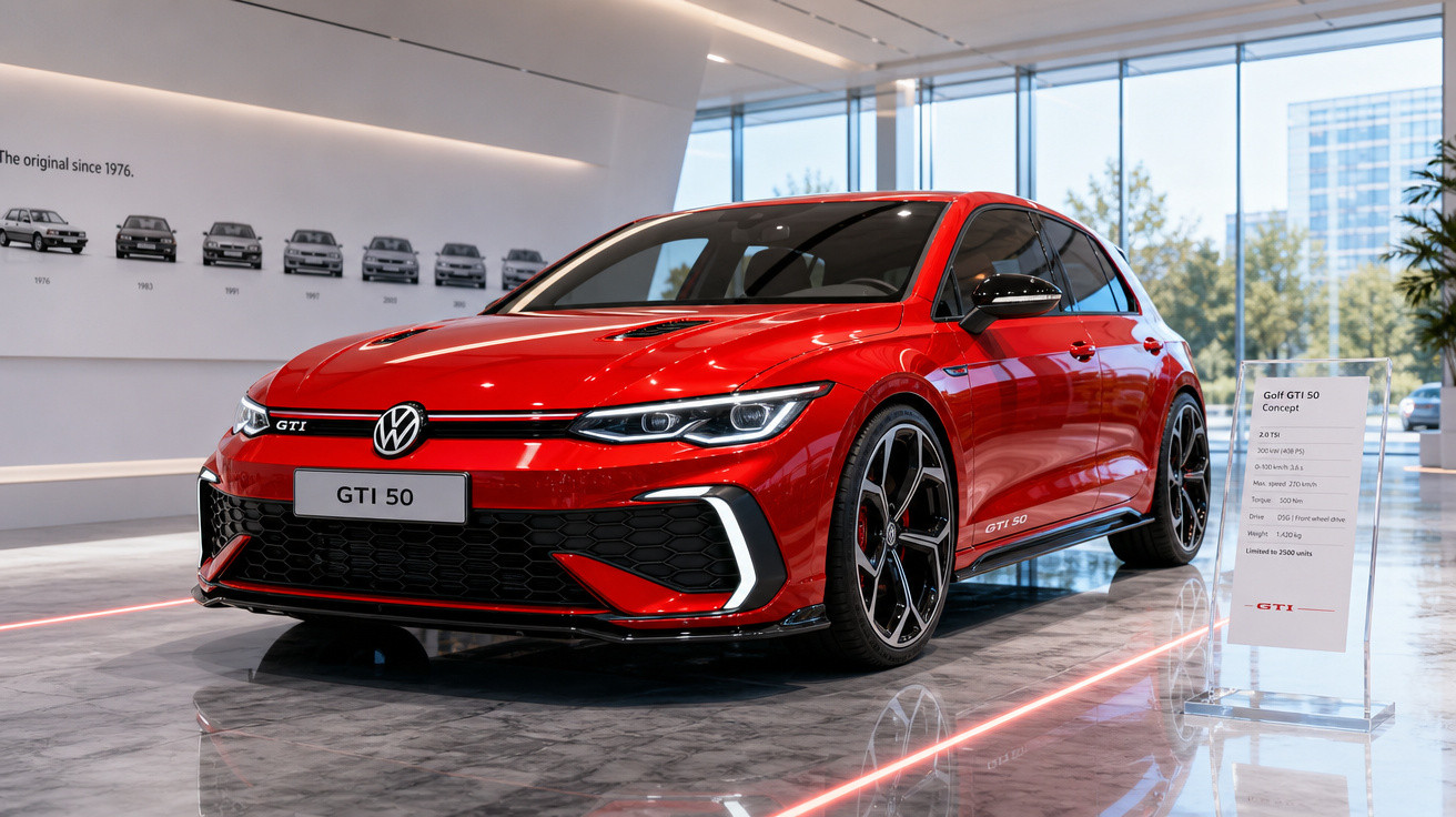 Carro vermelho Volkswagen Golf GTI 50 exposto em showroom moderno com vidros grandes.