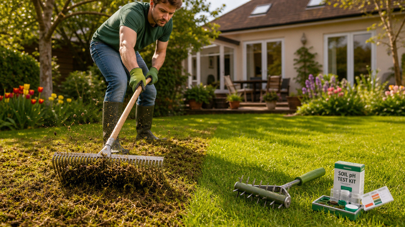 Homem usando luvas prepara jardim com ancinho perto de kits para teste de pH do solo em área gramada.