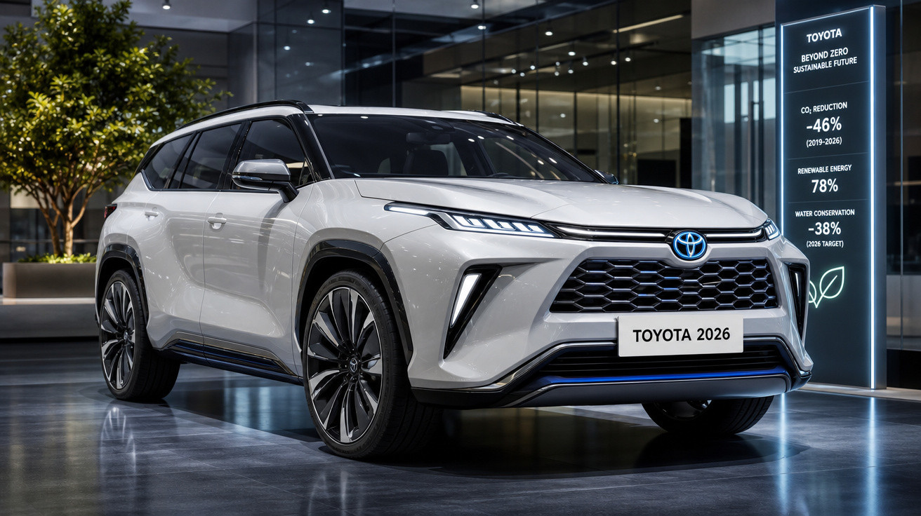 SUV branco da Toyota 2026 em exibição interna com fachada moderna e iluminação sofisticada.