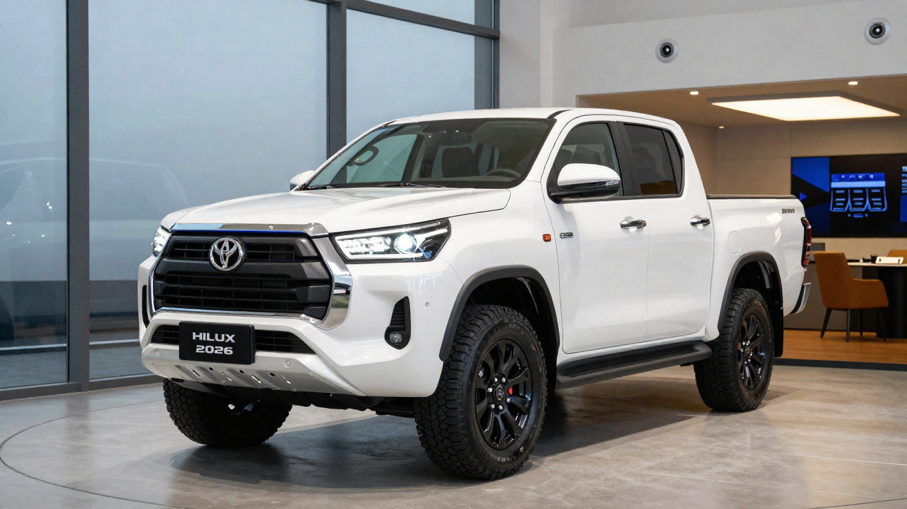 Picape Toyota Hilux 2026 branca estacionada em salão moderno com pneus off-road e detalhes pretos.