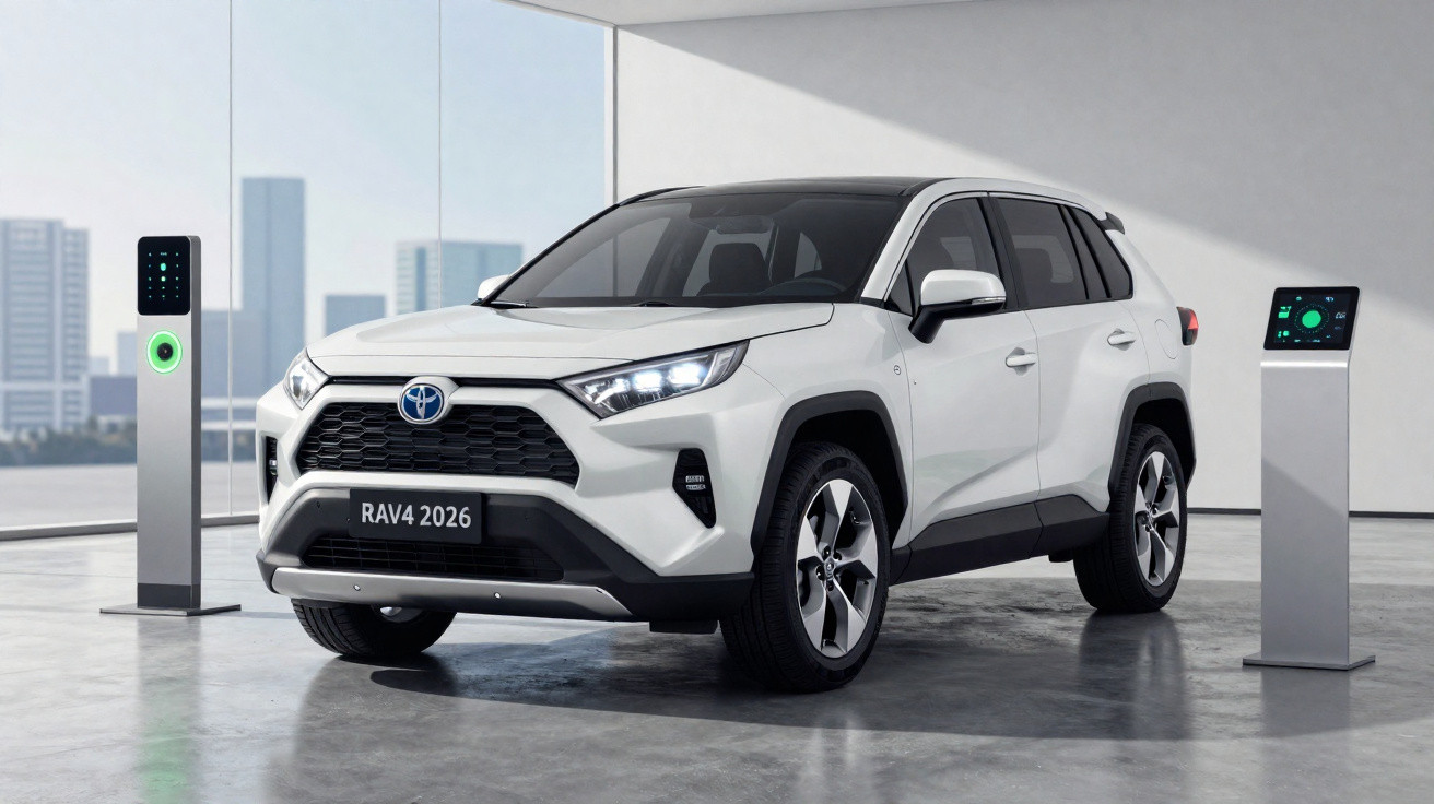 SUV branco Toyota RAV4 2026 estacionado em ambiente moderno com estação de carregamento elétrico.