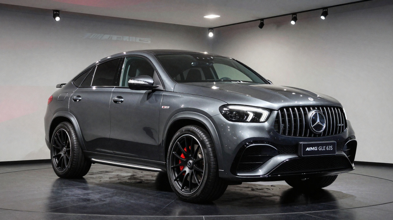 Mercedes-Benz AMG GLE 63 S cinza metálico em estúdio com rodas pretas e detalhes vermelhos.