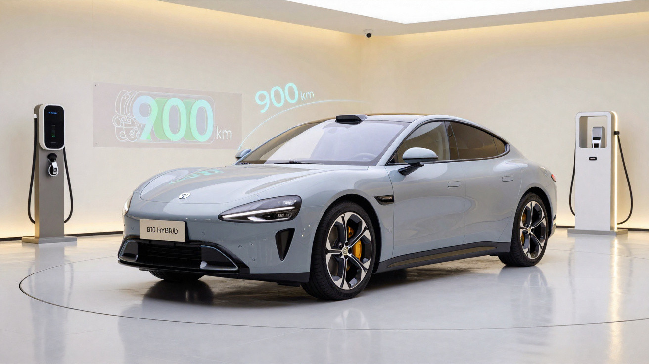 Carro elétrico gris com distância de 900 km em showroom moderno com dois carregadores elétricos.