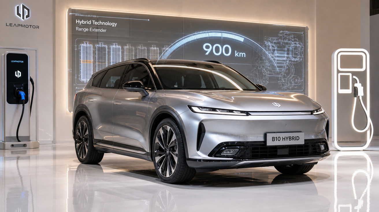 Carro elétrico híbrido prata Leapmotor B10 Hybrid em exposição com carregador e painel digital indicando autonomia de 900 km.