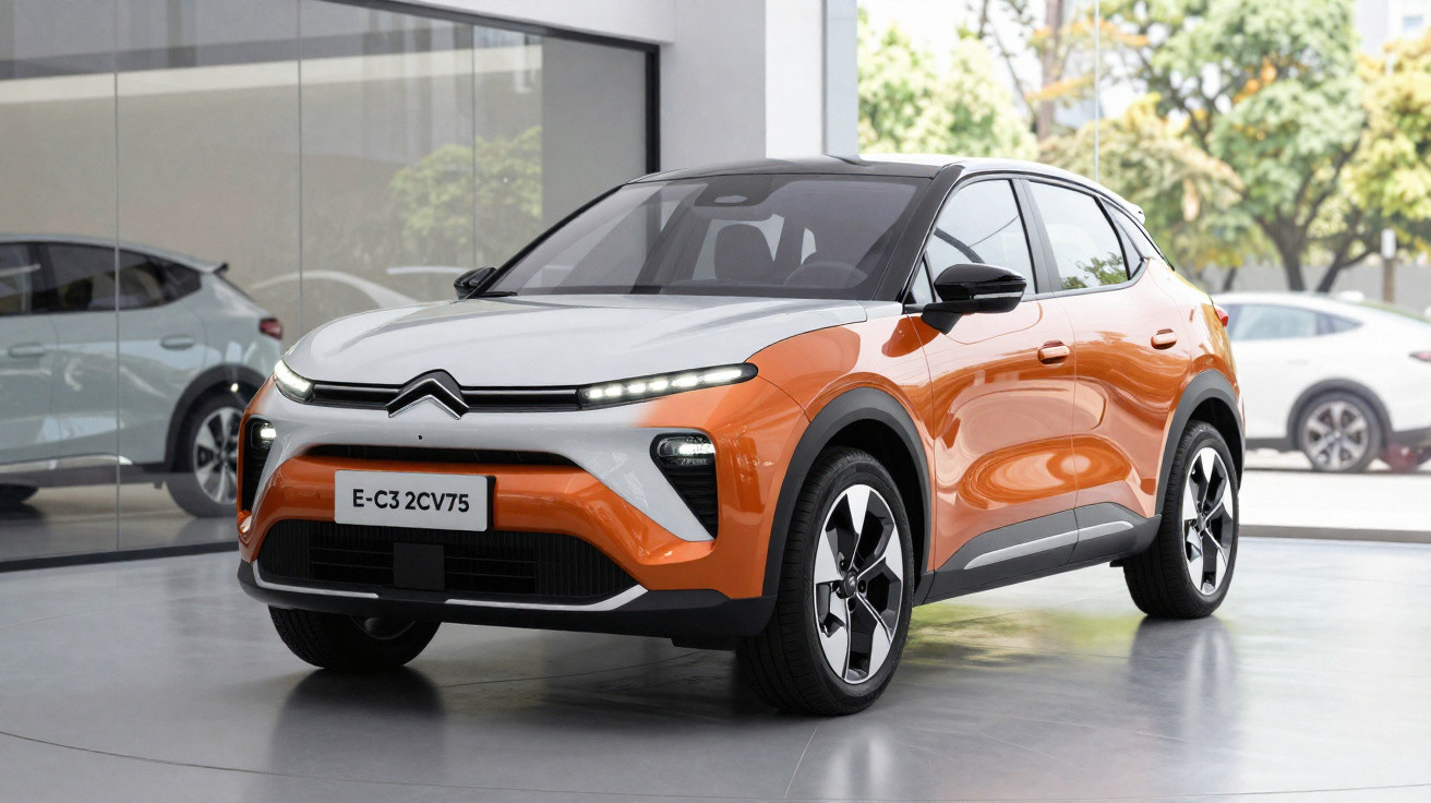 Carro elétrico Citroën E-C3 2CV75 branco e laranja exibido em showroom moderno.