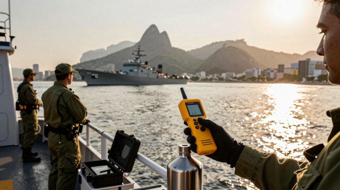 Marinha brasileira em operação naval com militares em barco e navio ao fundo no litoral do Rio de Janeiro.
