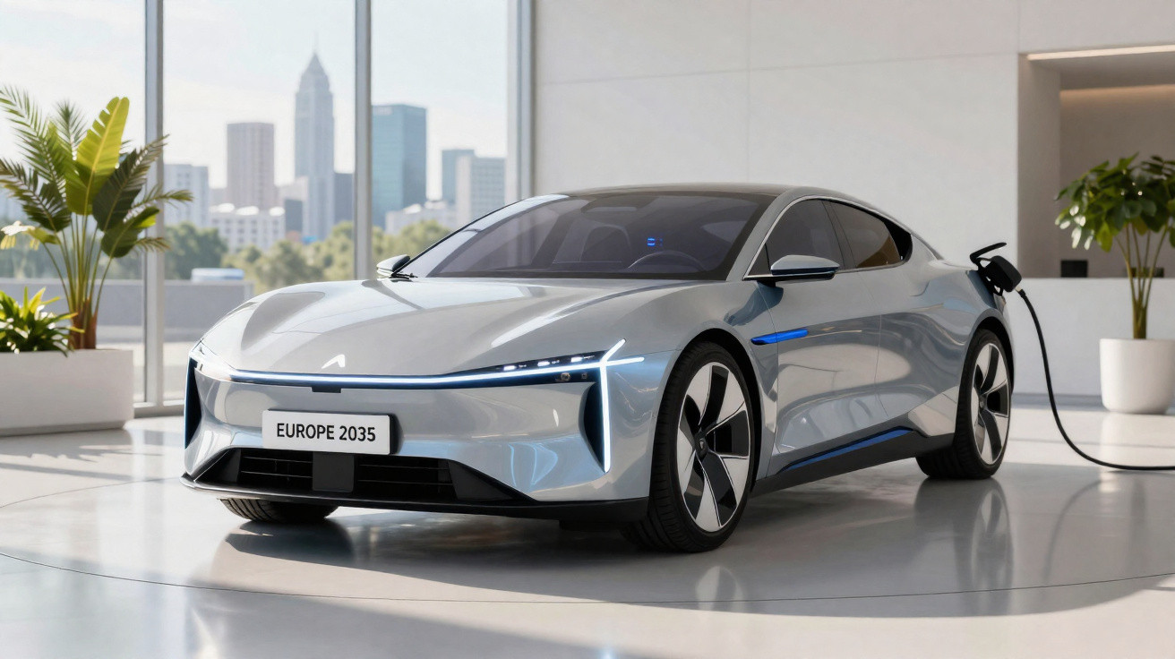 Carro elétrico futurista prata carregando em ambiente interno com plantas e vista urbana ao fundo.