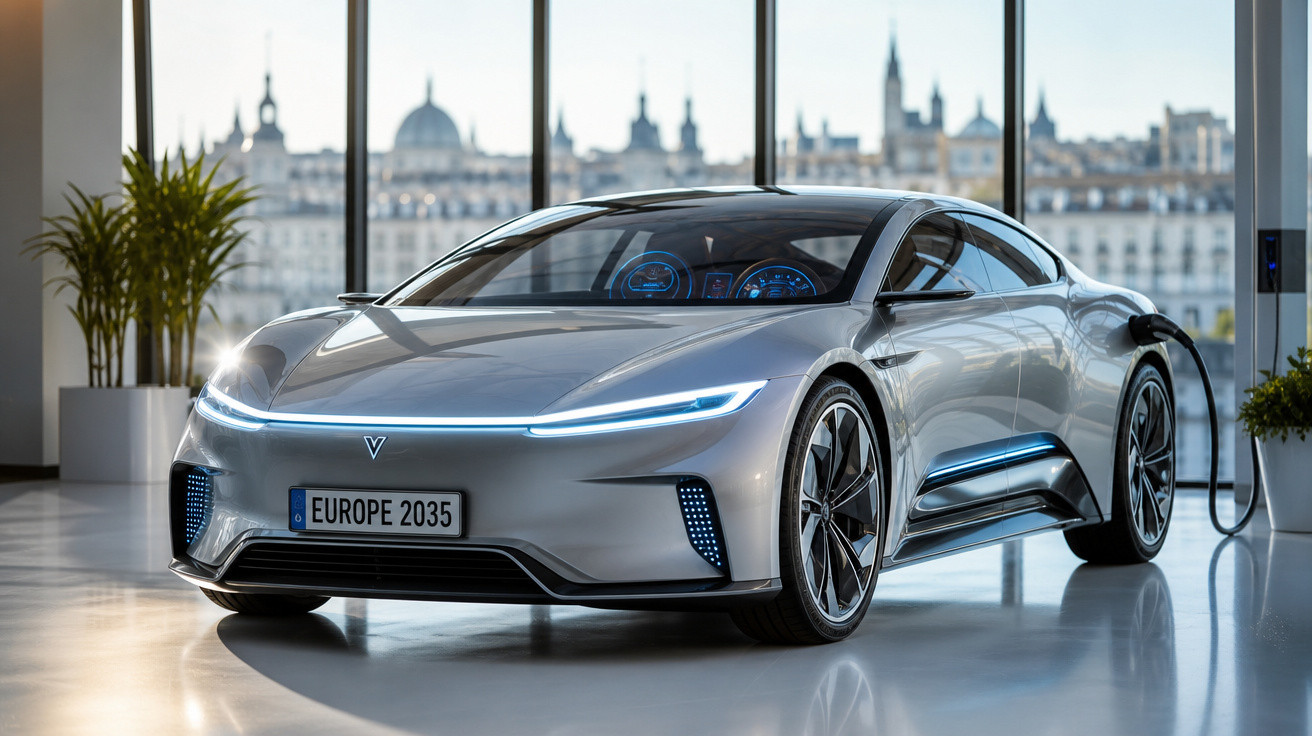 Carro elétrico prata futurista carregando em estação interna com fundo urbano desfocado.
