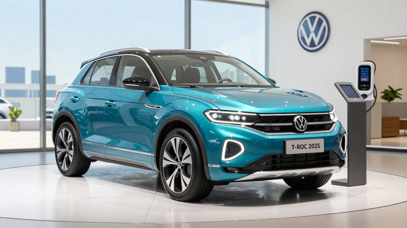 Carro SUV Volkswagen T-Roc 2025 azul exposto em showroom moderno com carregador elétrico ao lado.