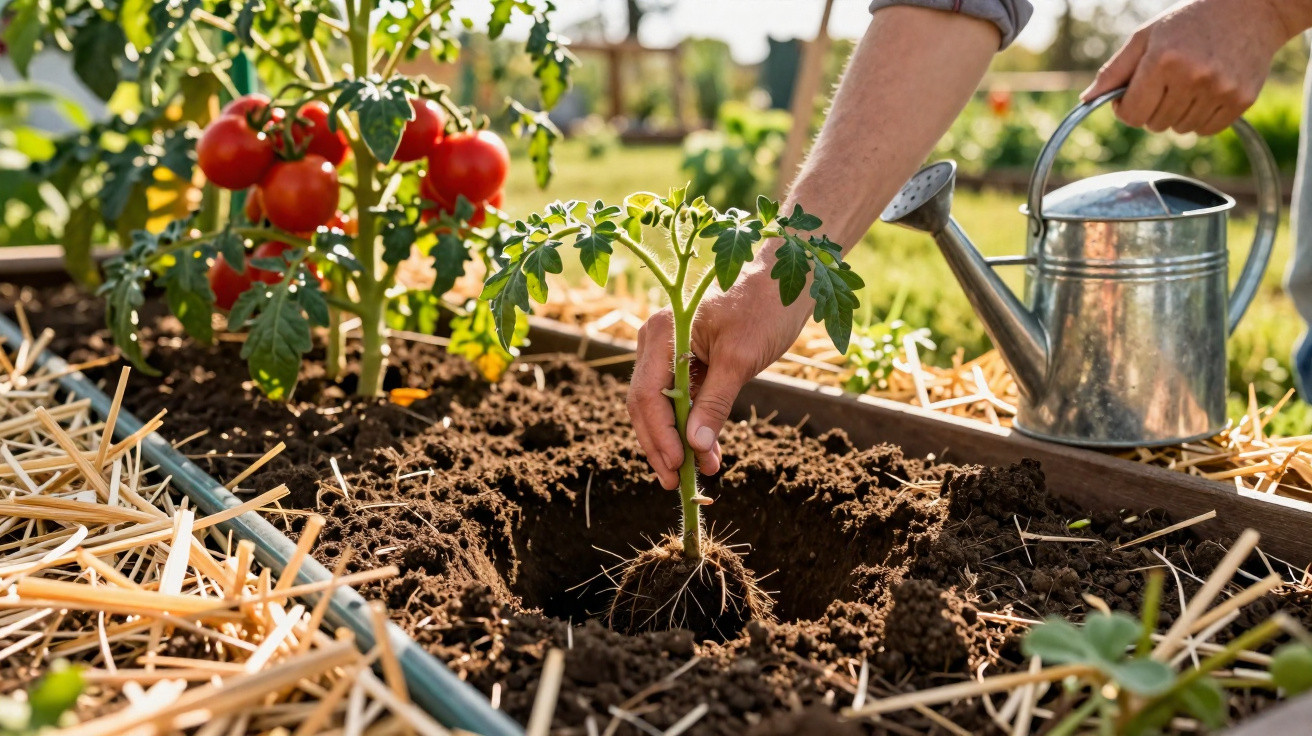 Pessoa plantando muda de tomate em solo preparado com regador ao lado em jardim.