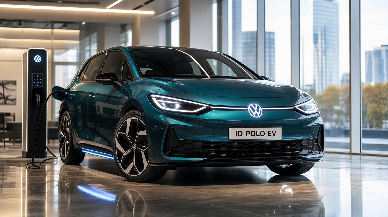 Carro elétrico Volkswagen ID Polo EV azul carregando em estação dentro de showroom moderno.