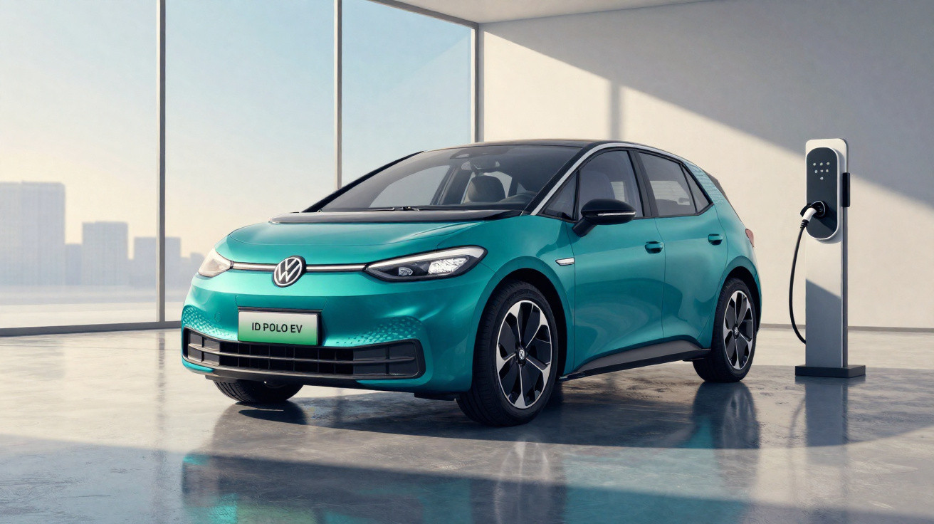 Carro elétrico Volkswagen ID Polo EV verde estacionado em piso brilhante perto de carregador.