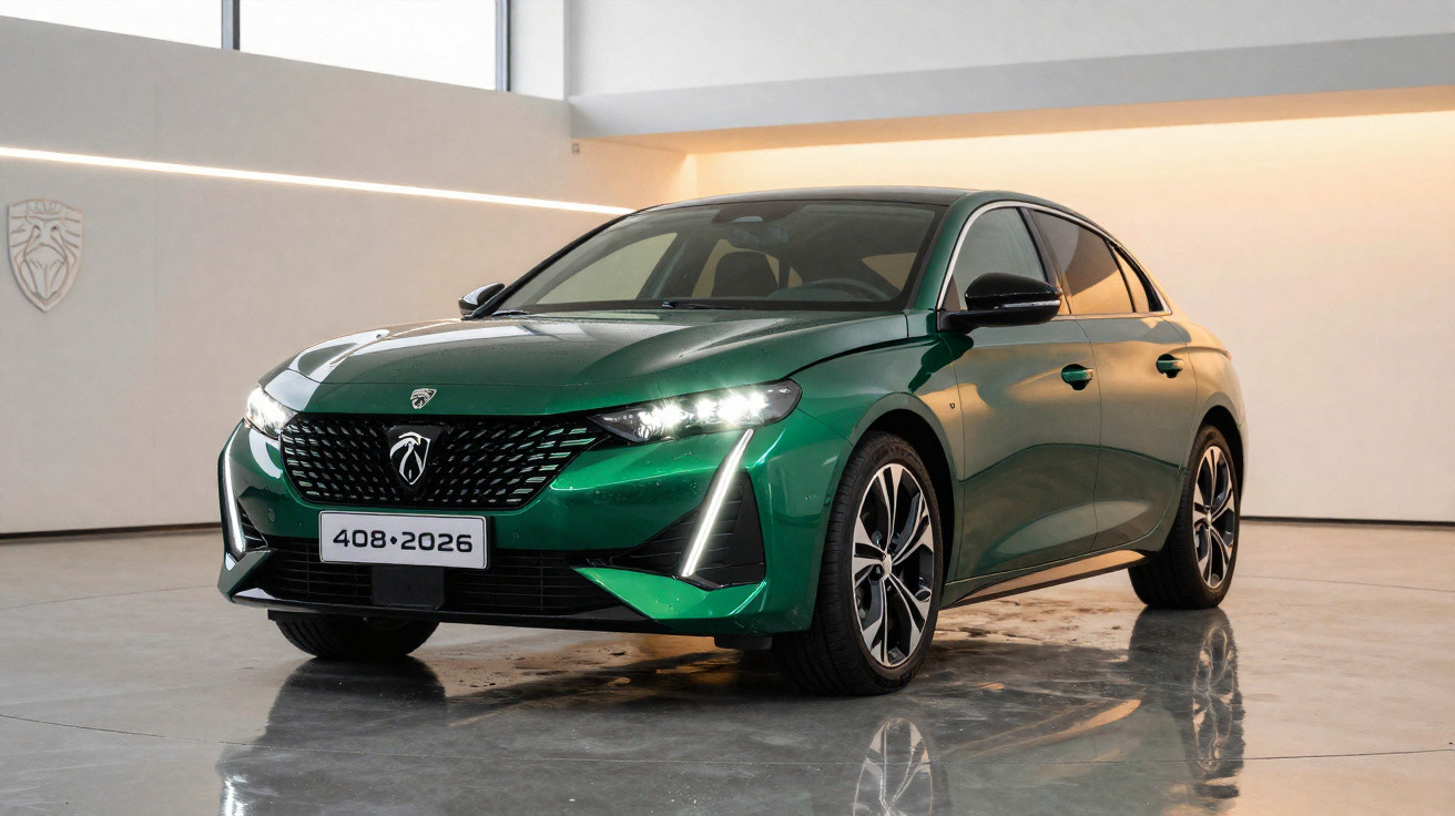 Carro sedan verde com faróis acesos em ambiente interno moderno, refletindo no piso polido.