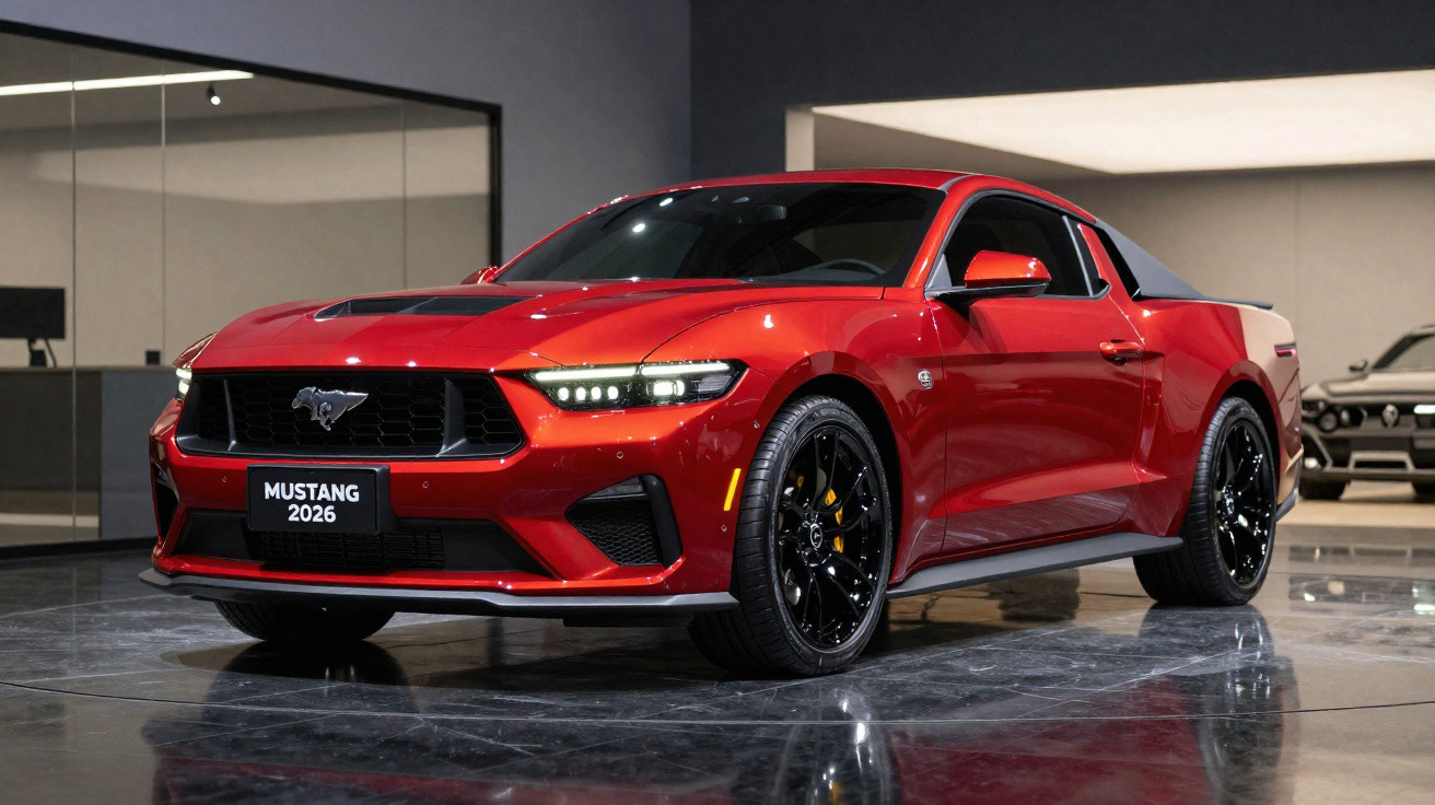 Carro esportivo vermelho Ford Mustang 2026 em exposição interna com rodas pretas brilhantes.