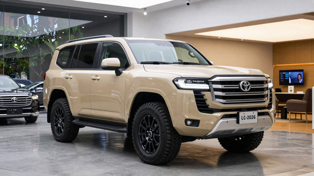SUV Toyota Land Cruiser na cor bege exibido em showroom moderno com piso de concreto polido.