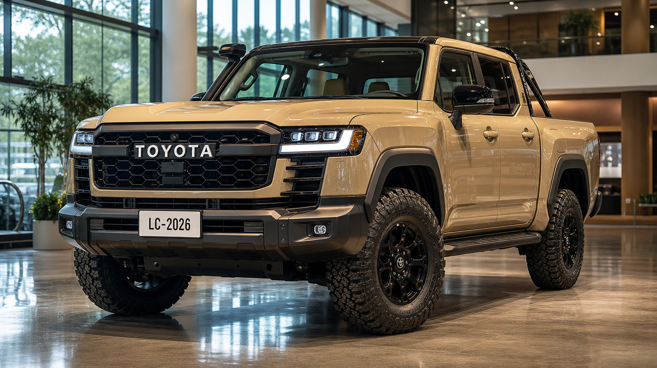 Picape Toyota Land Cruiser 2026 bege exibida em showroom moderno com iluminação natural.