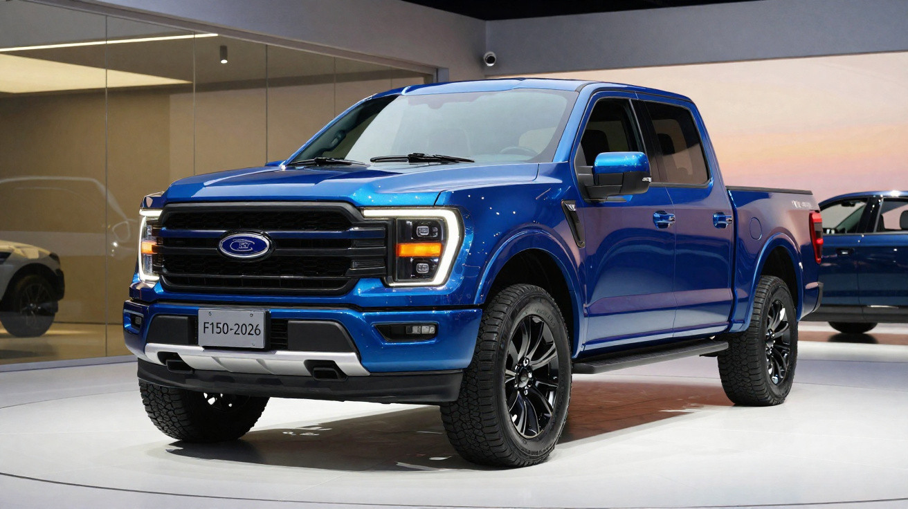 Picape Ford F-150 azul em exposição, vista frontal e lateral direita, em ambiente interno iluminado.
