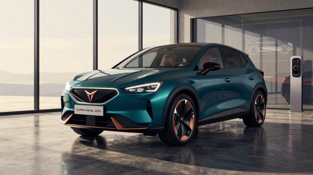 Carro elétrico Cupra Raval 2025 verde em ambiente interno moderno com paredes de vidro.