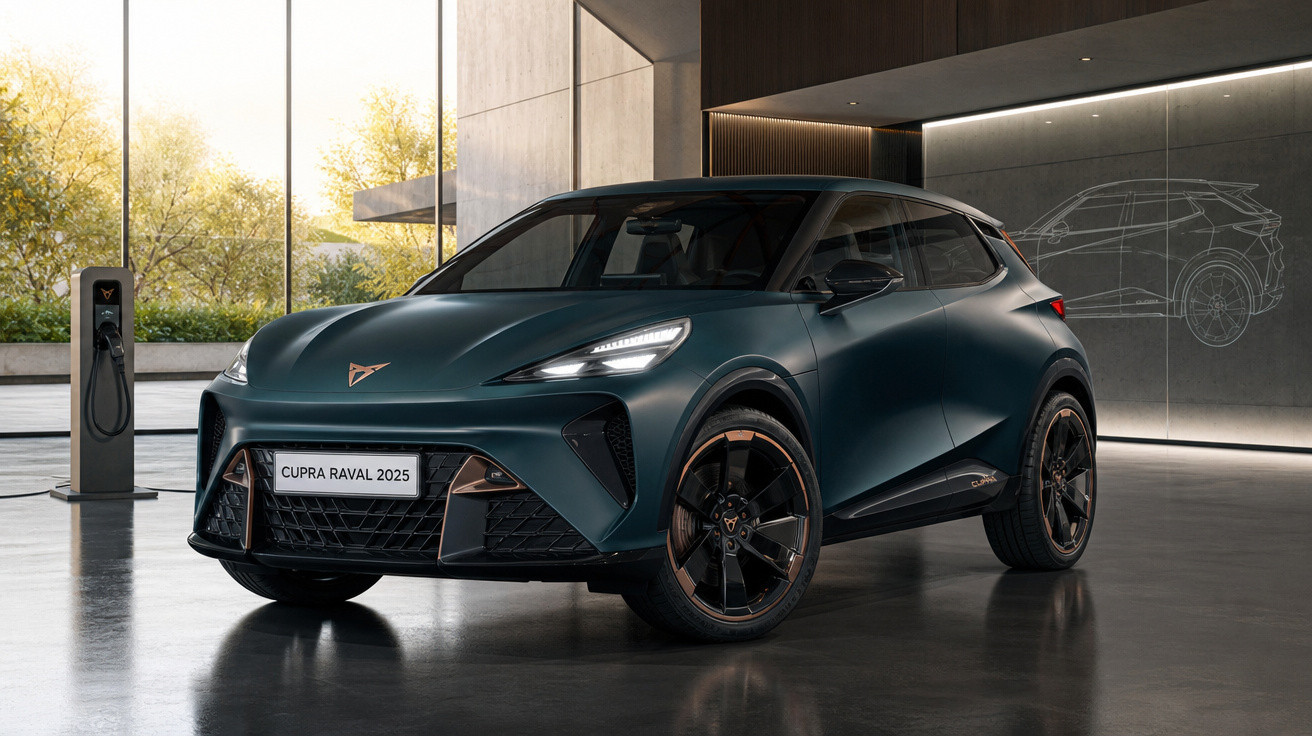 Carro elétrico Cupra Raval 2025 verde escuro em ambiente moderno com estação de recarga ao lado.