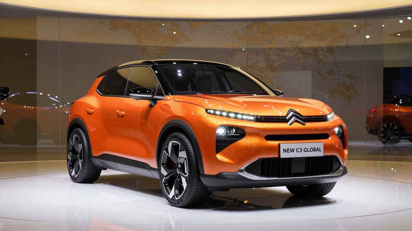 Carro Citroën New C3 Global laranja exibido em ambiente interno com fundo espelhado.
