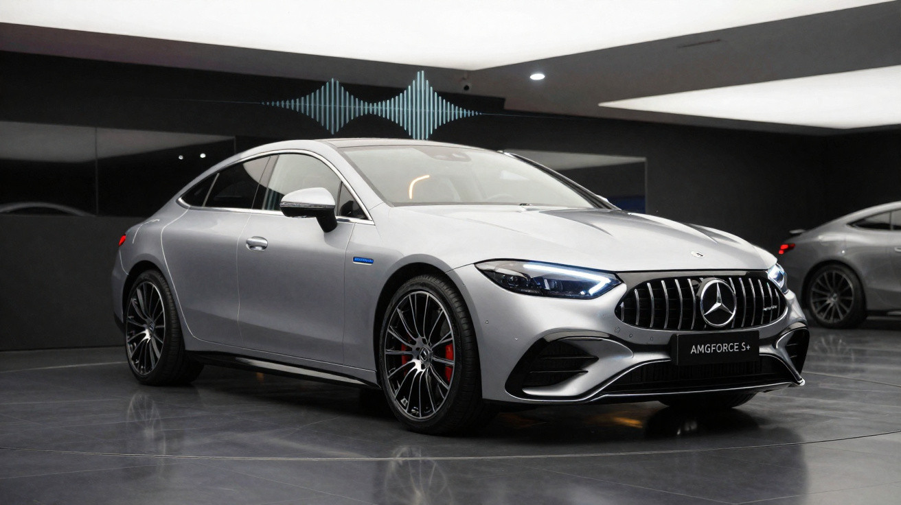 Mercedes-Benz AMG Force S+ prata estacionado em ambiente interno moderno com iluminação suave.