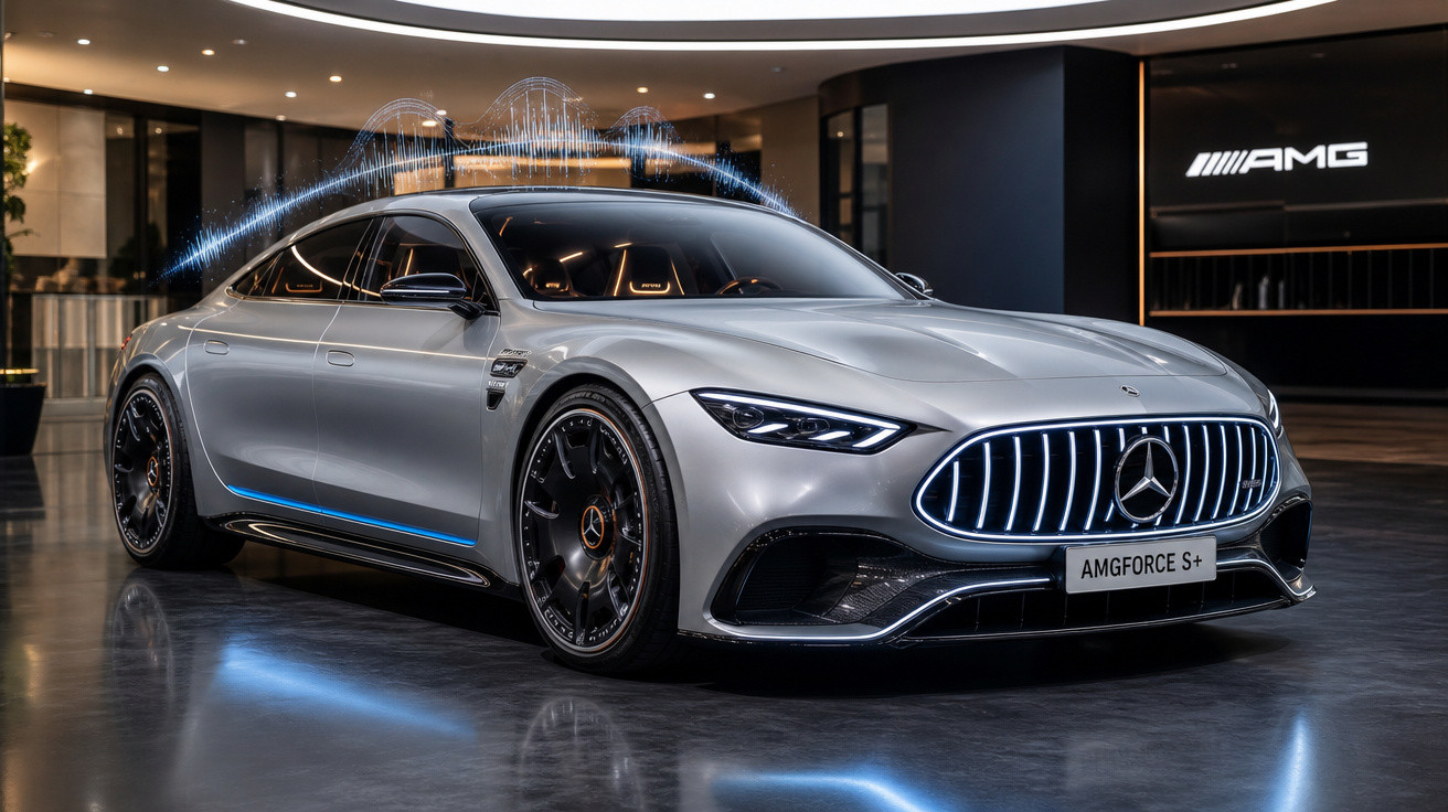 Carro esportivo Mercedes-Benz AMG prata estacionado em showroom moderno com luzes refletidas no chão.