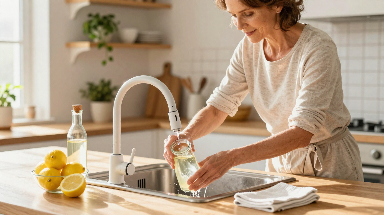 Mulher adulta enchendo jarra de vidro com água na pia de cozinha iluminada e organizada.