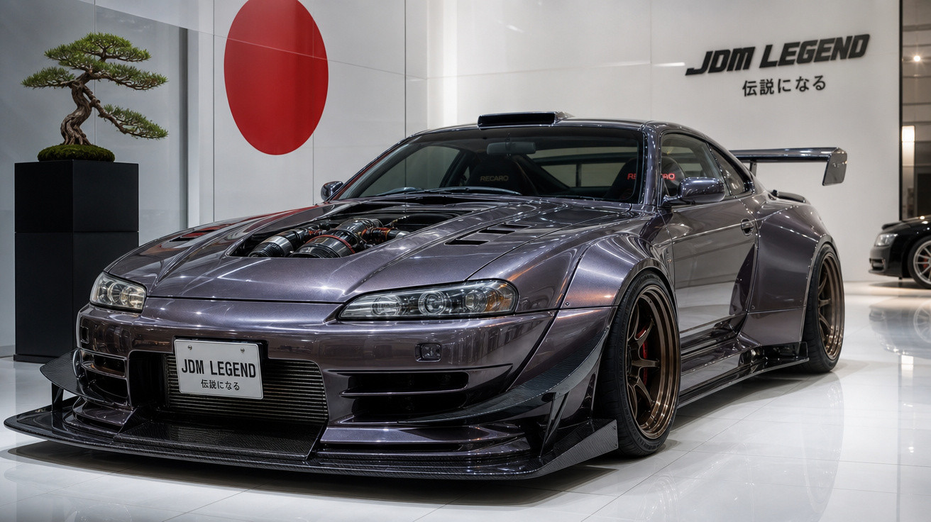 Carro esportivo preto com motor exposto e aerofólio, em exposição com bandeira japonesa ao fundo.