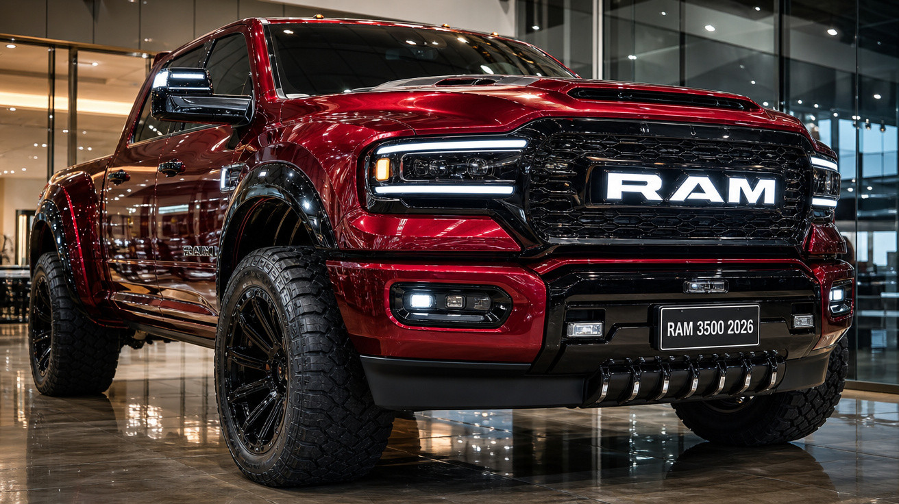 Picape RAM 3500 2026 vermelha exposta em showroom com design robusto e rodas grandes.